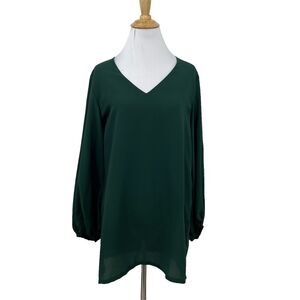 Belongsci Tunic Dress Womens M Medium Evergreen Semi Sheer Back Puff Sleeves